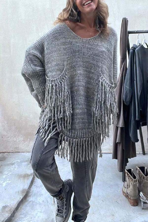V-Neck Loose Fringed Knit Sweater