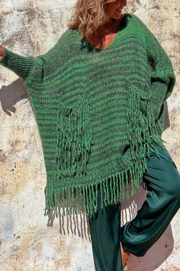 V-Neck Loose Fringed Knit Sweater