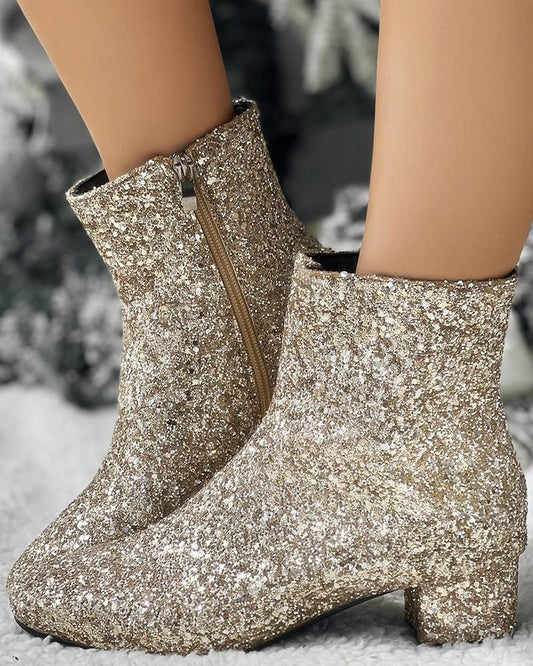 Christmas Glitter Side Zipper Chunky Heel Sequin Ankle Boots